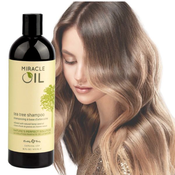 Miracle Oil Tea Tree Shampoo with Model Front View
