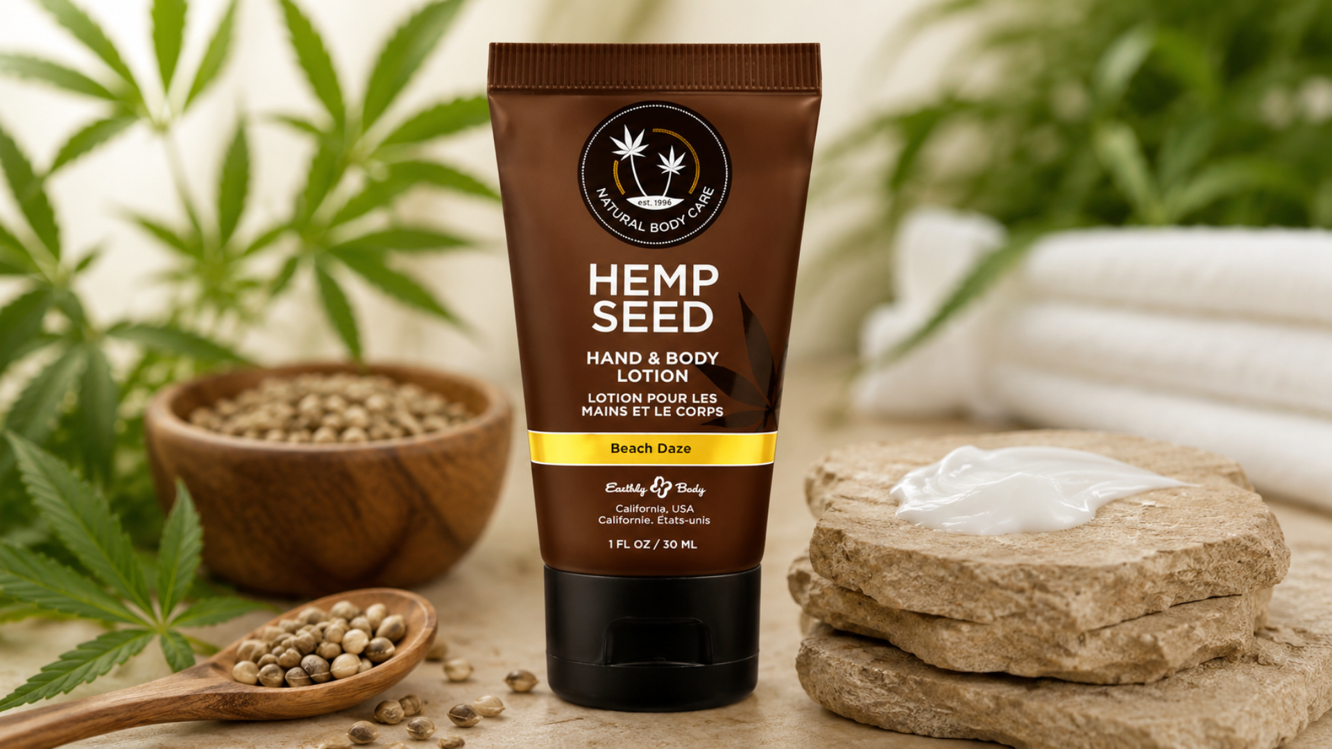 Hemp seed lotion surrounded by natural botanicals, highlighting the benefits of hemp lotion for healthy, hydrated skin.