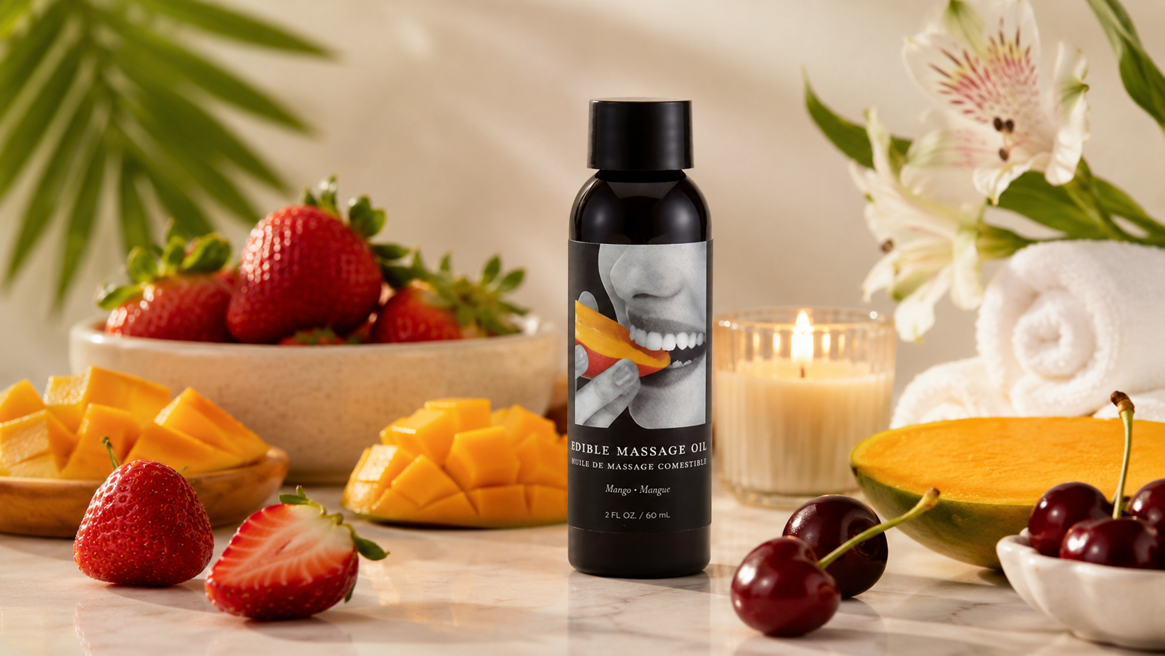 Edible massage oil flavors with strawberry, mango, and cherry.