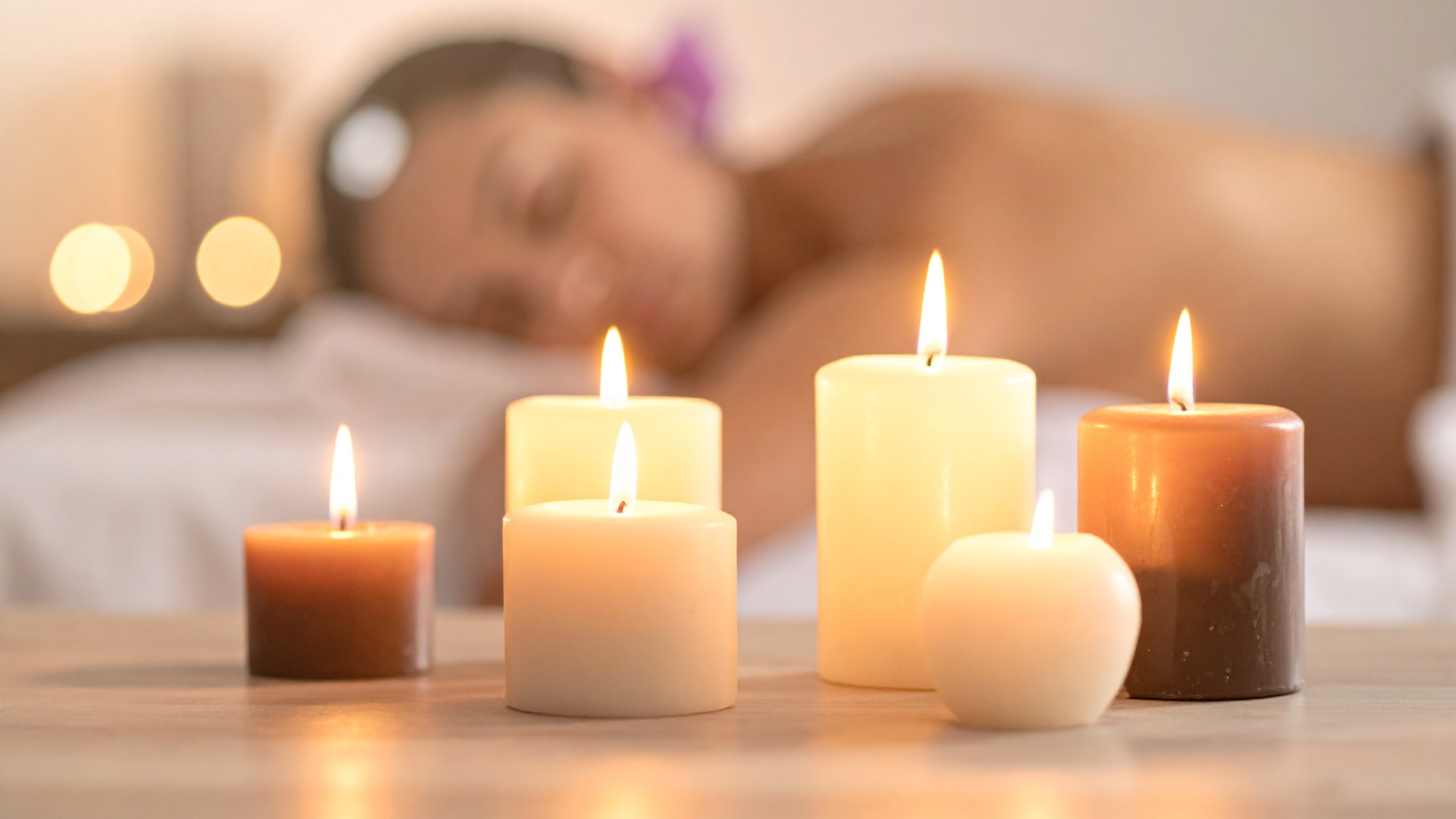 Lit candles on a table with a person relaxing in the background at a home spa.
